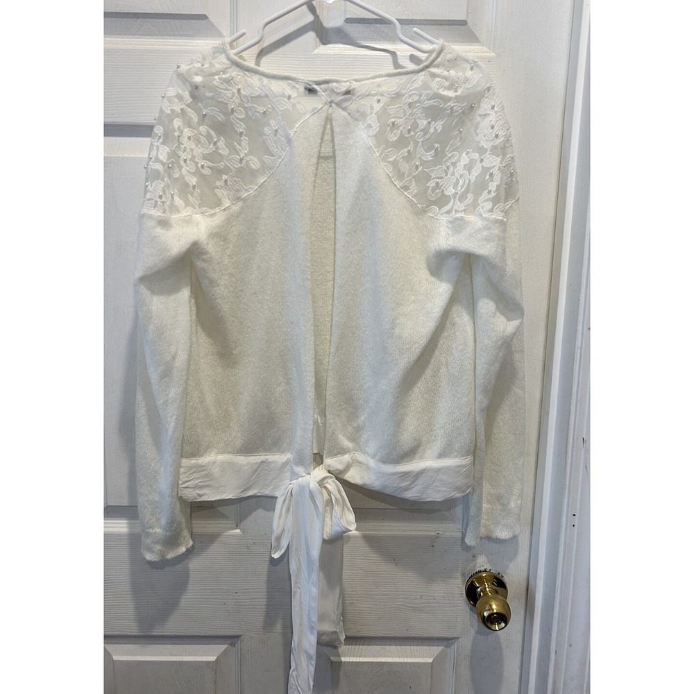 Lauren Conrad Runway White Lace Pearl Accent Open Tie Back Sweater XL Coquette - Picture 8 of 11